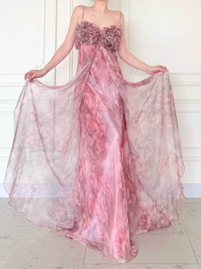 Pink Print Floral A Line Straps Chiffon Long Prom Dress Evening Dress SH5841