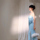 Blue Classy A Line Strapless Sequin Tulle Long Evening Dress Gown Dress SH3587