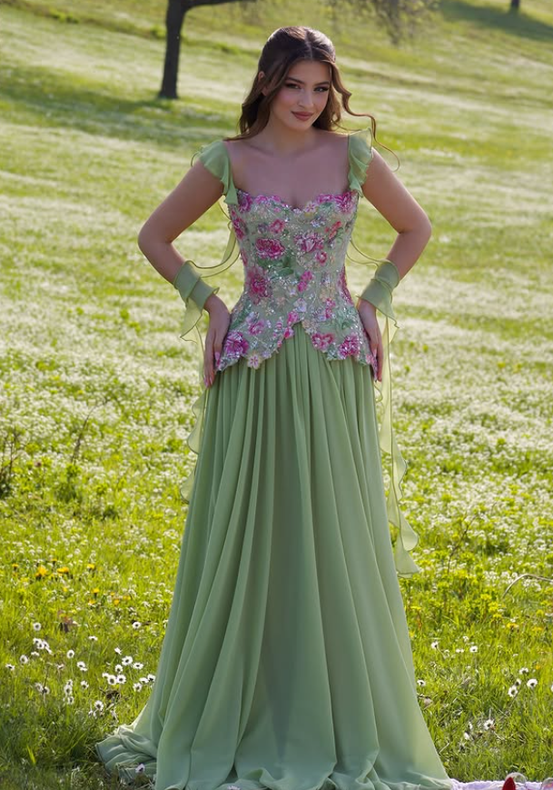 Glamorous A Line Straps Beaded Sequin Ruffle Chiffon Prom Dress Evening Dress SH6331