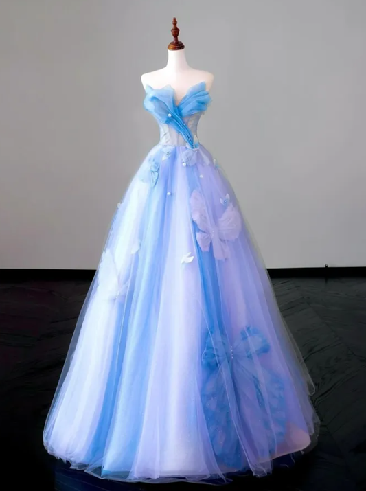 Blue-purple Ombre Ball Gown Strapless Butterfly Tulle Prom Dress Quinceanera Dress SH7167