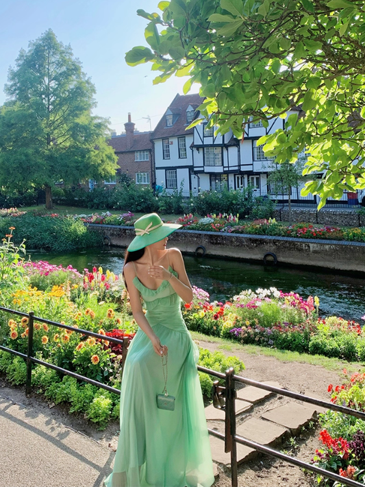 Charming Green A Line Spaghetti Strap Ruffle Chiffon Long Prom Dress Party Dress SH4032