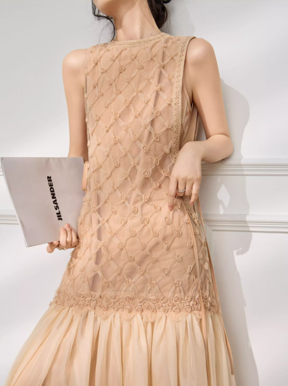 Simple Apricot A Line Round Neck Floral Tulle Prom Dress Outfits SH4731