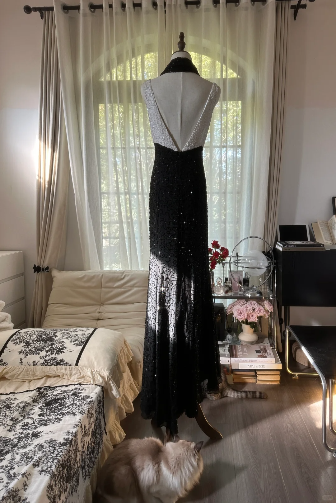 Shiny Sheath Strap Black White Beaded Chiffon Long Open Back Prom Dress Evening Dress SH2971