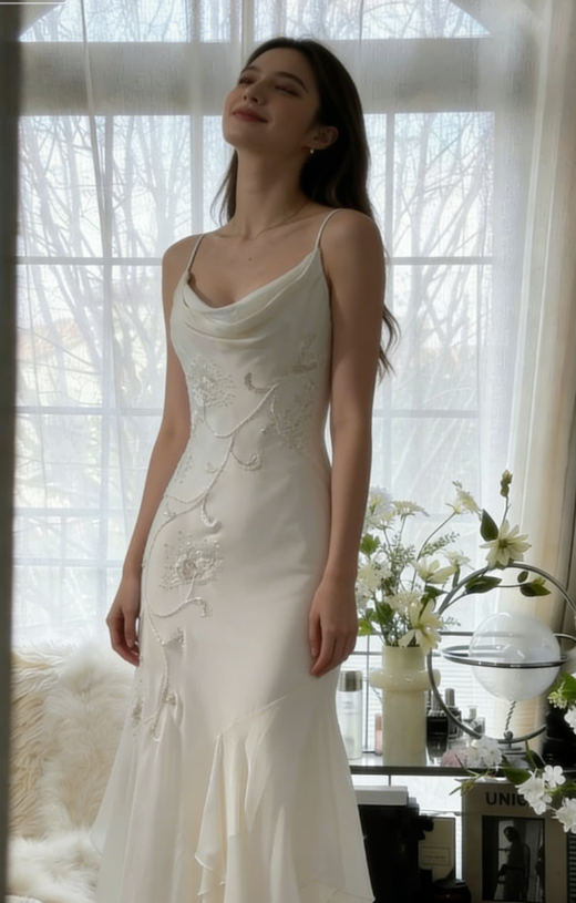 Elegant Mermaid Spaghetti Strap Beaded White Chiffon Prom Dress Graduation Prom Dress SH2560
