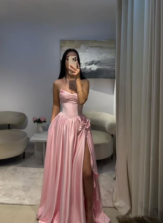 Pink A Line Sweetheart Neck Pleated Satin Prom Dress Wedding Guest Dress with Slit SH4439