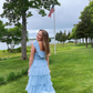 Fairy Sky Blue Sequare Neck Tiered Tulle Evening Dress Long Prom Dress SH1053