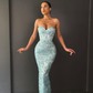 Shiny Baby Blue Sheath Sweetheart Neck Sequin Satin Prom Dress Evening Dress SH6125