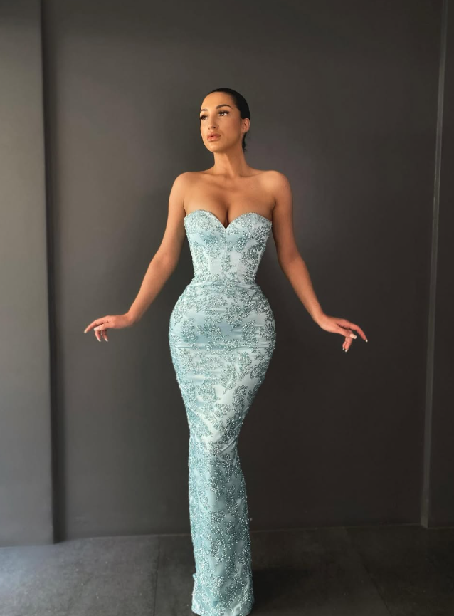 Shiny Baby Blue Sheath Sweetheart Neck Sequin Satin Prom Dress Evening Dress SH6125