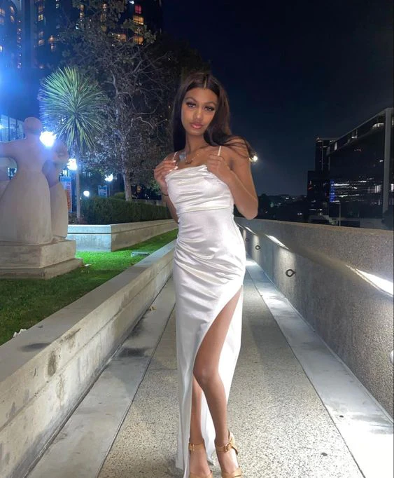 Simple White Satin Slit Prom Dress Long Party Dress SH943