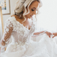 Elegant Ball Gown Long Sleeve V Neck Appliques White Tulle Wedding Dress with Sweep Train SH1993
