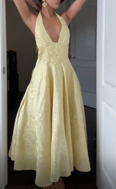 Deep V Neck Yellow Halter A Line Prom Dress SH1551