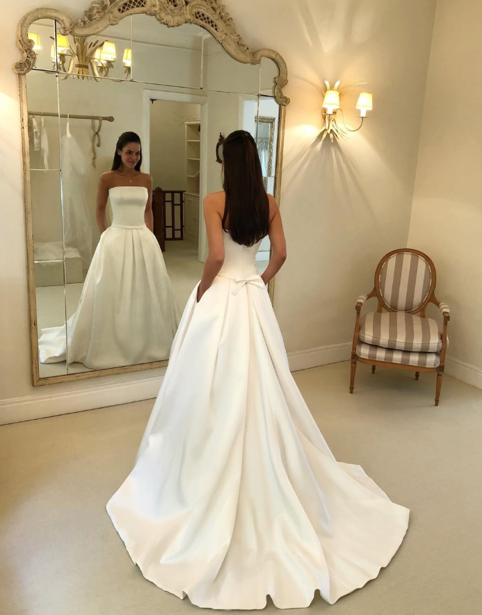 Simple Classic A Line Strapless White Satin Long Wedding Dress SH5306