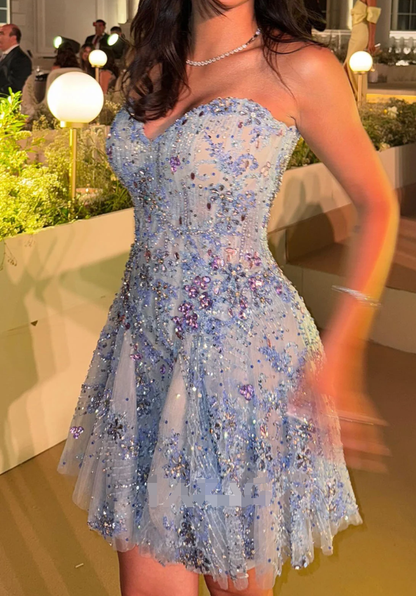 Dreamy Blue A Line Sweetheart Neck Beaded Tulle Short Prom Dress Homecoming Dress SH8671