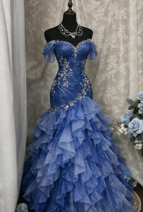 Blue Dreamy Mermaid Exquisite Beaded Layered Ruffle Tulle Prom Dress Evening Gown SH5422