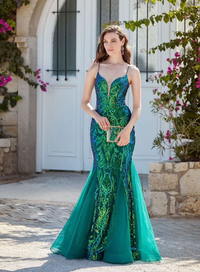 Shiny Emerald Mermaid Spaghetti Strap Sequin Tulle Backless Long Prom Dress Date Dress SH6513