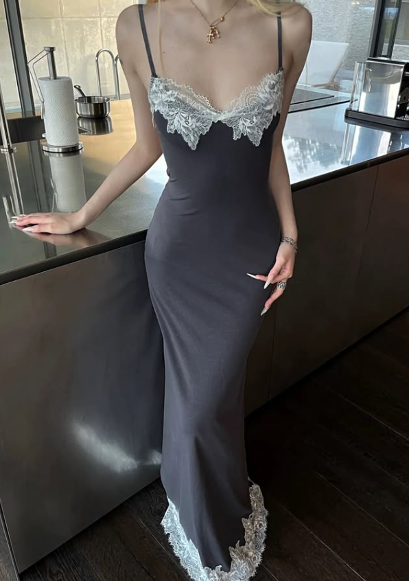 Sexy Black Sheath Spaghetti Strap White Lace Satin Long Prom Dress Evening Dress SH8805