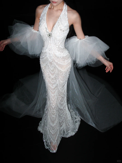 Pretty Mermaid Halter White Exquisite Beaded Lace Backless Long Wedding Dress SH8891