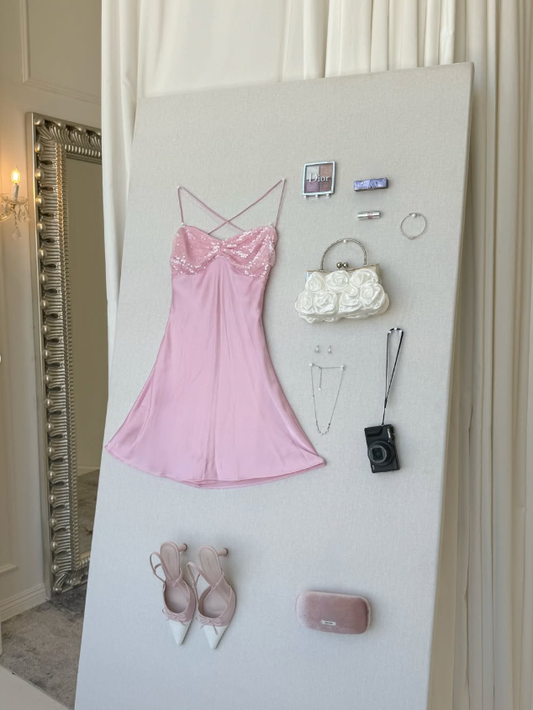 Cute Pink A Line Spaghetti Strap Sequin Satin Mini Homecoming Dress Cocktail Dress SH4098
