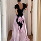 Retro Princess A Line Puff Sleeve Pink Satin Black Velvet Long Prom Dress Evening Dress SH6047