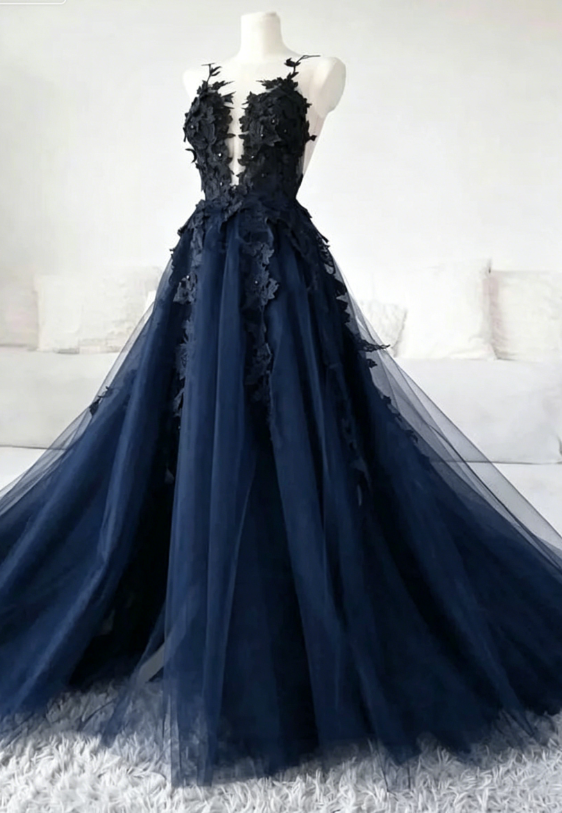 Classic Black Lace Tulle Long Prom Dress Black Evening Dress  SH567