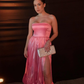 Classic Pink A-line Strapless Side Slit Long Party Prom Dresses SH650