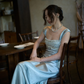 Elegant Blue A Line Straps Beaded Satin Long Prom Dress Date Dress SH4963
