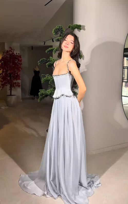 High-class Light Grey A Line Straps Beaded Satin Prom Dress Evening Dress SH6755