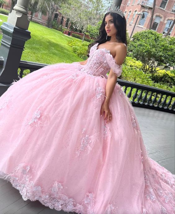 Pink Off The Shoulder Tulle Ball Gown Sweet 16 Prom Dress Quinceanera Dress  SH1003