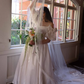 Vintage Ivory A Line Puff Sleeve Bow Satin Long Wedding Dress SH6096