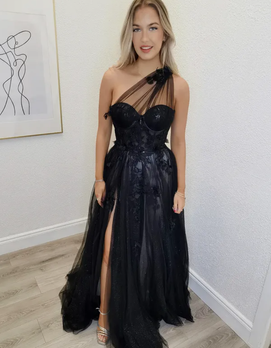 Black A Line One Shoulder Appliques Tulle Long Prom Dress Evening Dress SH6633