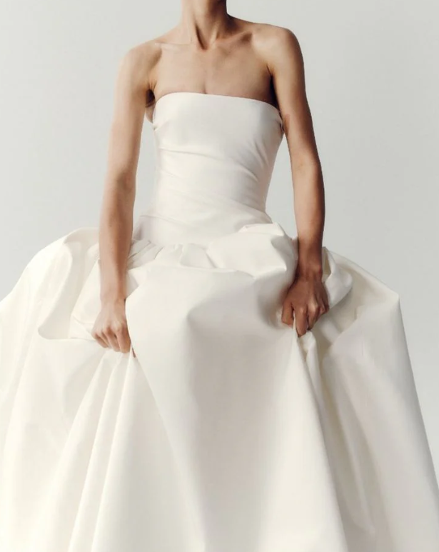 Pretty Ball Gown Strapless Simple White Satin Long Wedding Dress SH4144