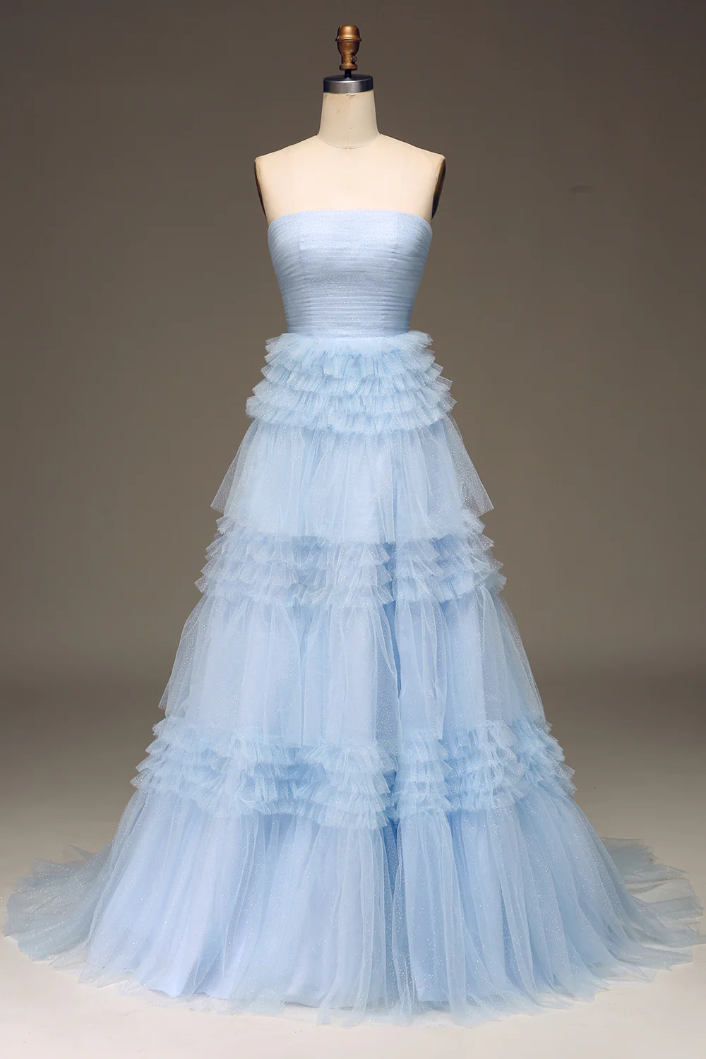 Pretty A Line Strapless Tiered Blue Tulle Long Prom Dress Evening Dress with Slit SH1959