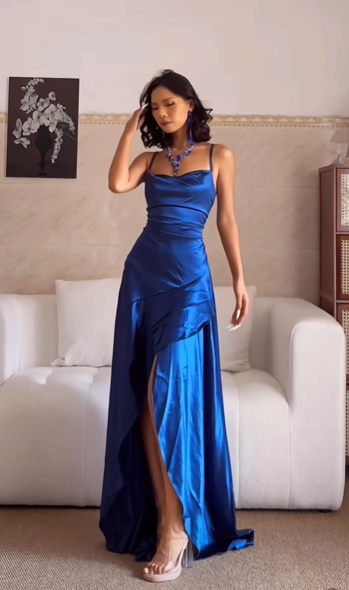 Blue A Line Spaghetti Straps Simple Satin Prom Dress Party Dress with Slit SH5056