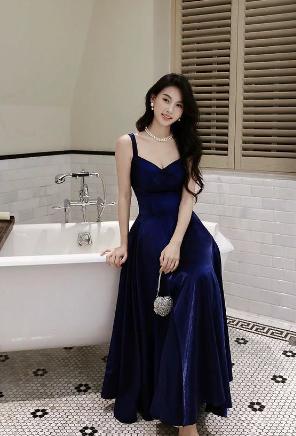 Elegant Navy Blue A Line Straps Satin Wedding Guest Dress Prom Dress SH5222