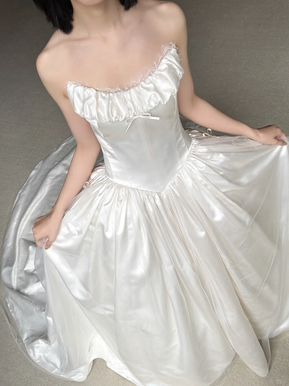 Simple White Ball Gown Strapless Tulle Satin Long Wedding Dress SH5153