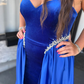 Royal Blue A Line Sweetheart Neck Beaded Velvet Satin Long Prom Dress Evening Dress SH7236