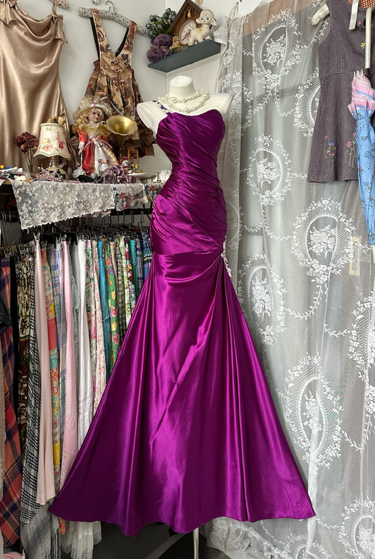 Purple Vintage Mermaid One Shoulder Satin Long Prom Dress SH5255
