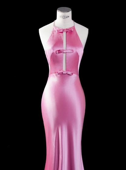 Cute Mermaid Halter Bow Pink Satin Open Back Prom Dress Graduation Prom Dress SH2462
