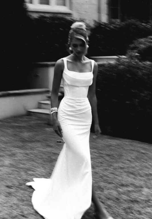 Classic Mermaid Straps Classy White Satin Long Wedding Dress with Slit SH4853