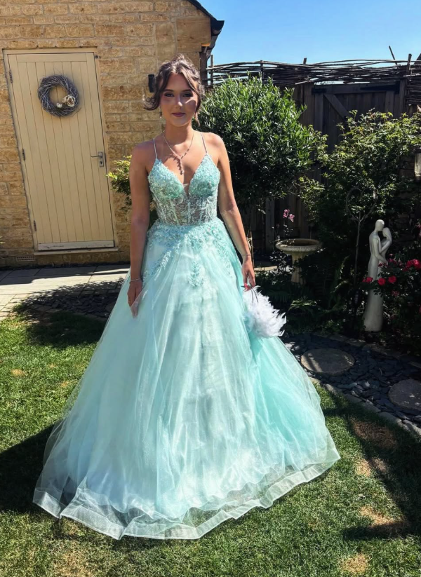 Light Blue A Line Spaghetti Strap Lace Ruffle Tulle Prom Dress Birthday Dress SH9016