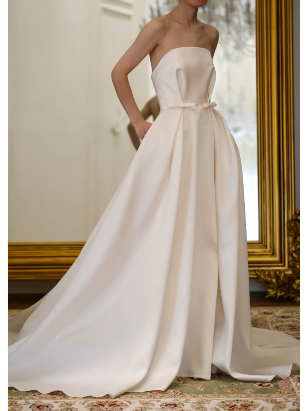 Simple A Line Strapless Bow White Satin Wedding Dress SH5235