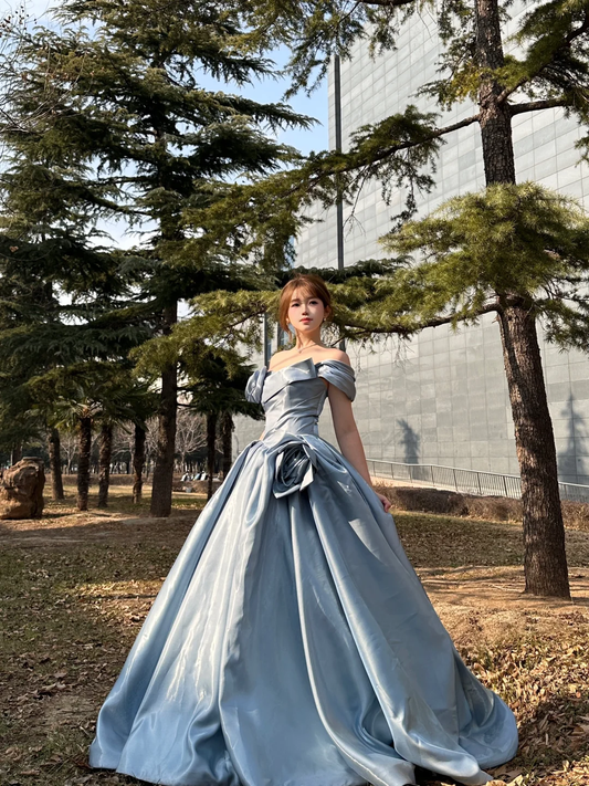 Blue A Line Off the Shoulder Flower Satin Long Party Dress Birthday Dress SH2908