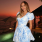 Blue Print A Line Puff Sleeve V Neck Satin Short Homecoming Dress Outfits SH6500