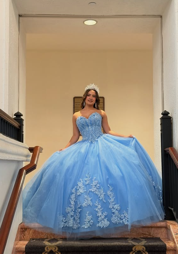 Sweety Blue Ball Gown Applique Blue Lace Tulle Long Prom Dress Quinceanera Dress SH5165