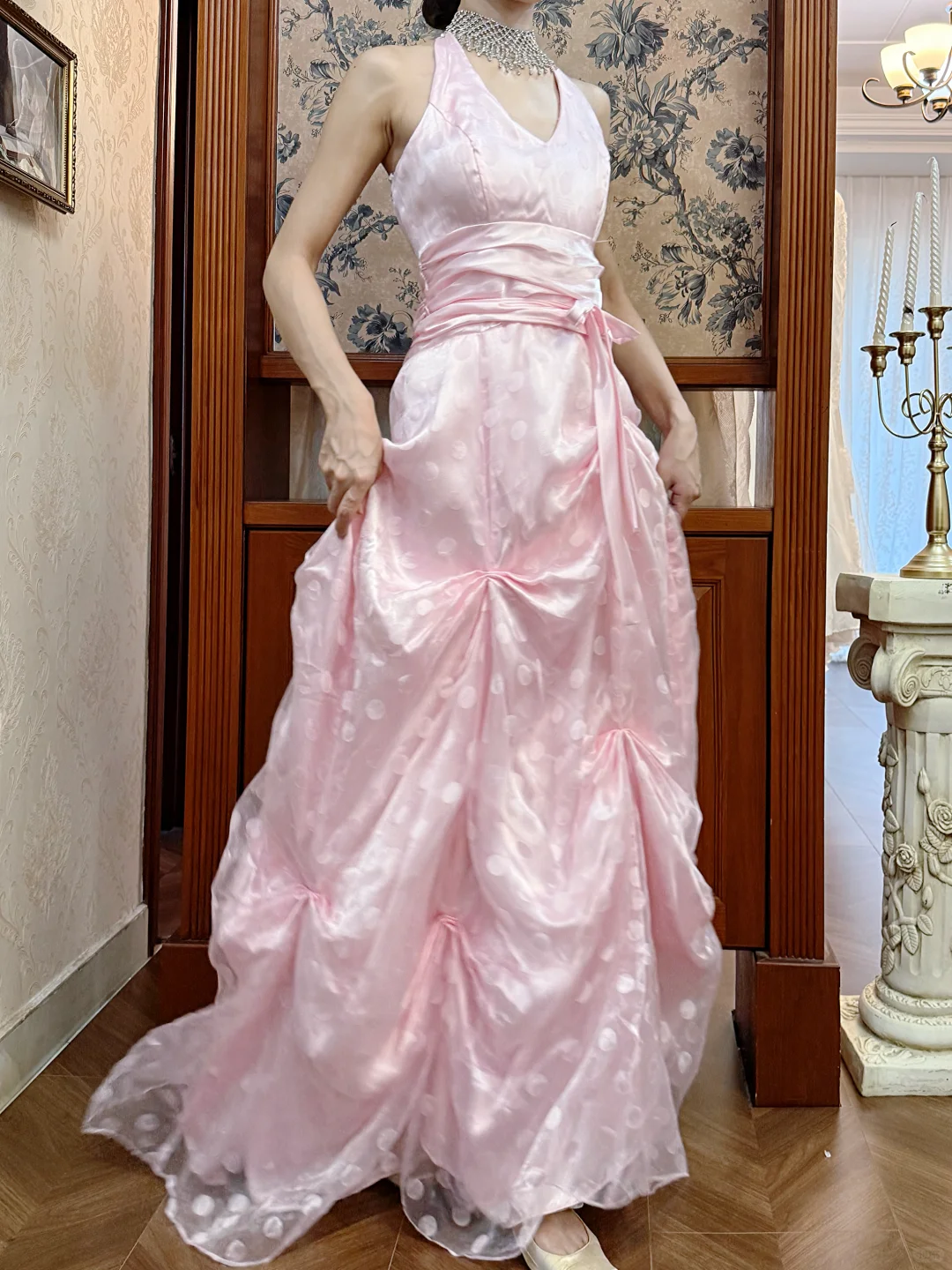 Vintage Pink Polka Dot A Line Halter Chiffon Satin Open Back Long Prom Dress SH5171