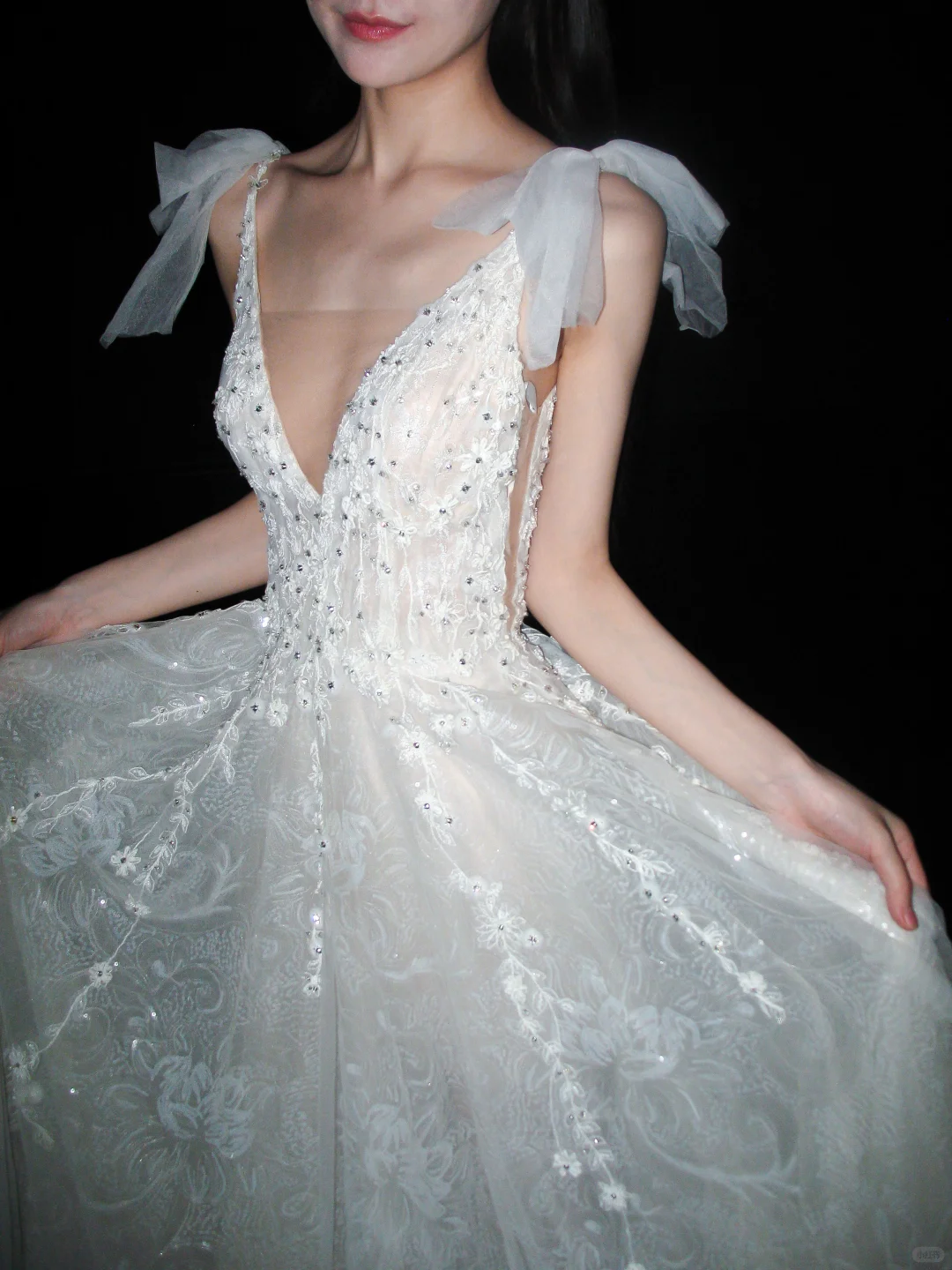 Princess A Line V Neck White Beaded Sequin Lace Tulle Long Wedding Dress SH8917