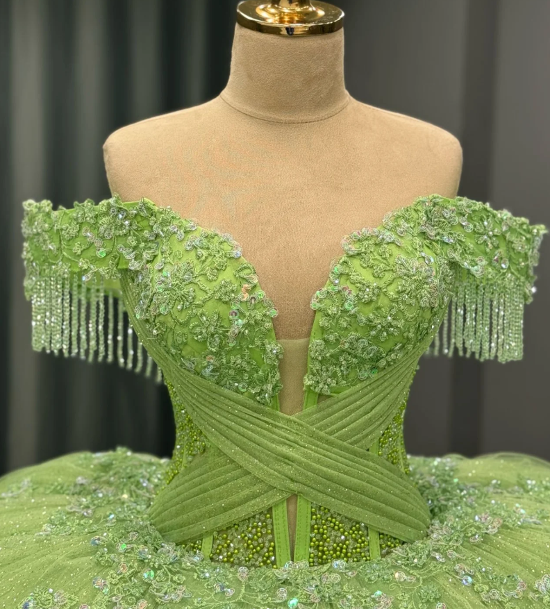 Romantic Poofy Off the Shoulder Beaded Green Tulle Ball Gown Quinceanera Dress SH3269