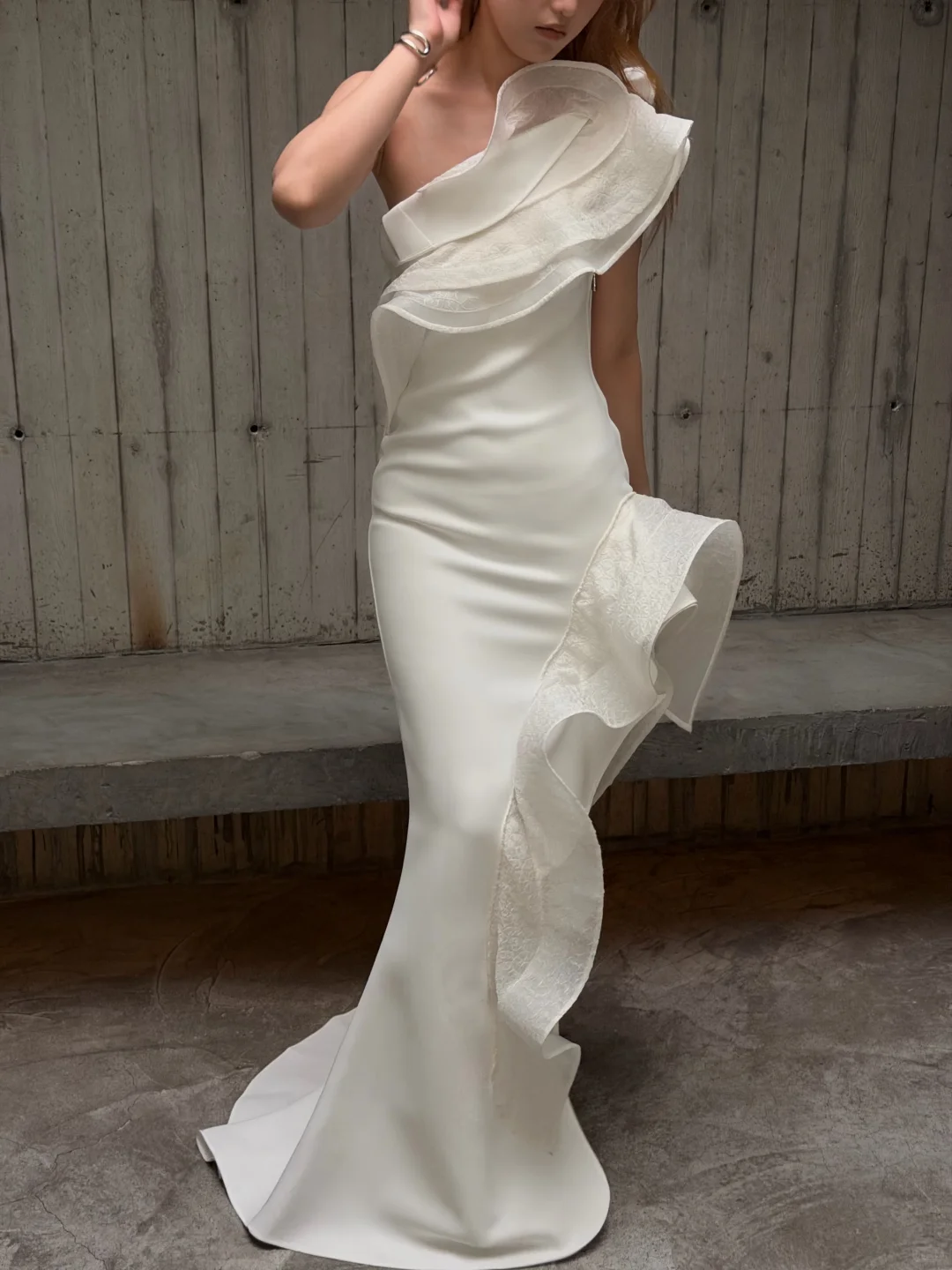 Styletic Mermaid One Shoulder Ruffle White Organza Satin Prom Dress Evening Dress SH7720