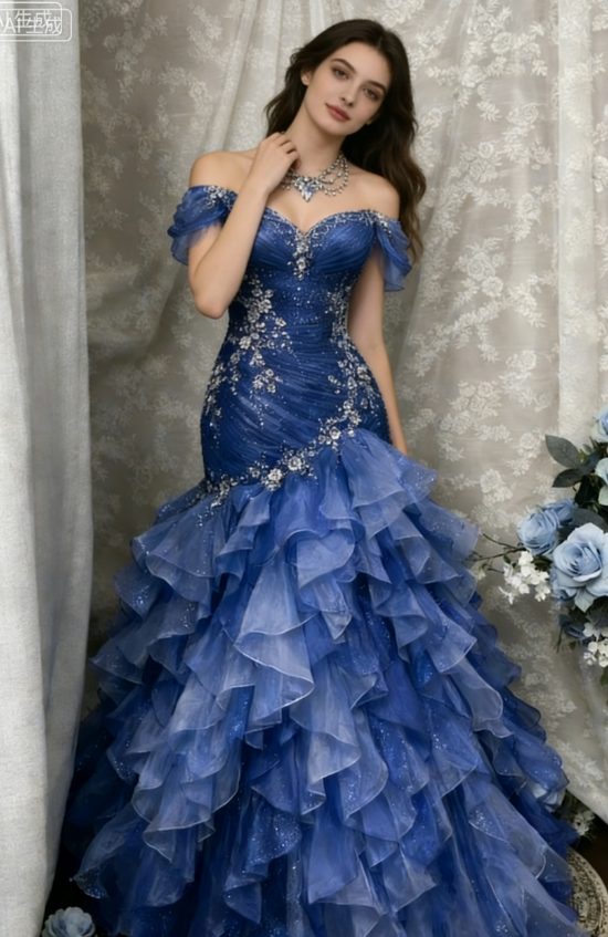 Blue Dreamy Mermaid Exquisite Beaded Layered Ruffle Tulle Prom Dress Evening Gown SH5422