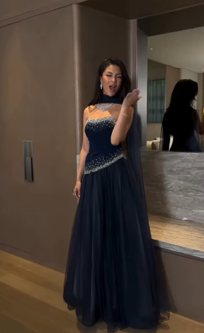Elegant Navy Blue A Line Strapless Beaded Tulle Prom Dress Wedding Guest Dress SH5389